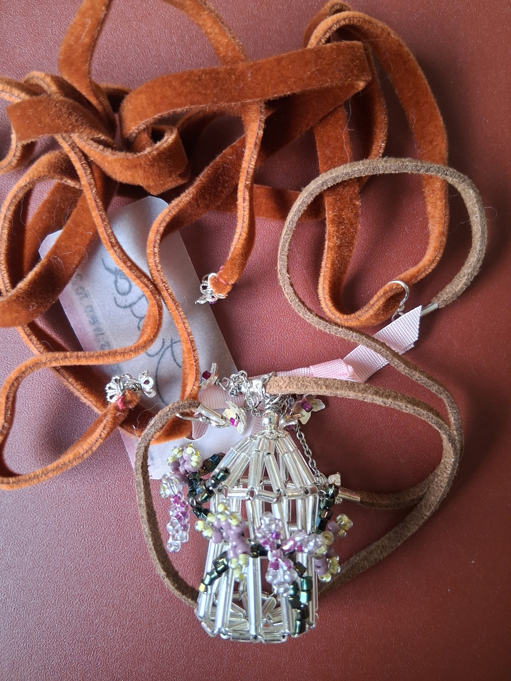 Beaded Floral Pendant Necklace - Brown Suede Cord